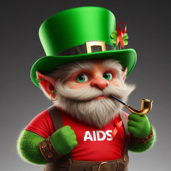 A cartoon leprechaun wearing a red AIDS shirt
