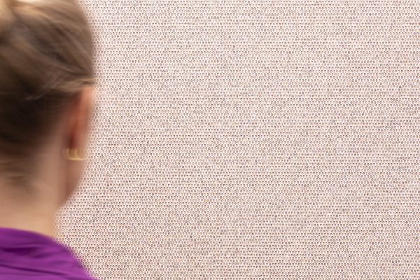 Closeup of the back of someone's heading looking at a wall filled with a honeycomb pattern against pink.