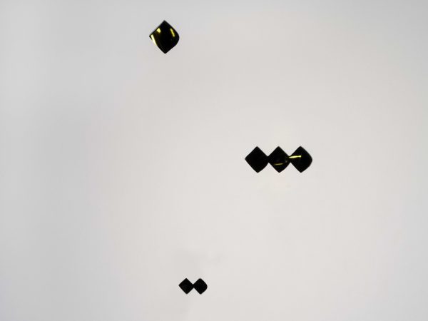 Six noghtes, arranged vertically as a single, triple, and double set seem to be cut out of a white wall.