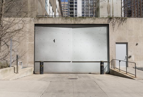 Image of a bird soaring across a cloudy gray sky covers two doors of a large garage.