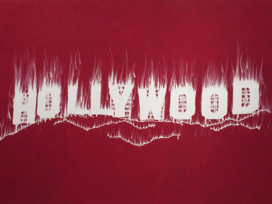 The word HOLLYWOOD is depicted on fire in white atop a line drawing of a hill against a red background.