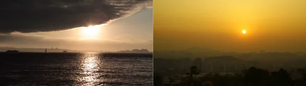 companion landscape photographs showing a sunrise and sunset from different locations