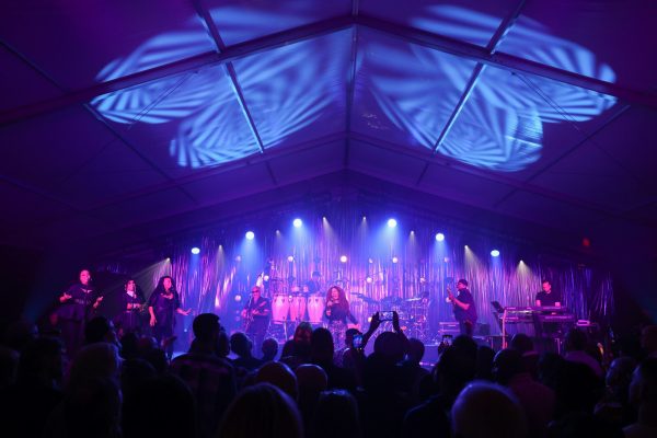 Musicians on a stage in front of a crowd lit by blue and purple lights