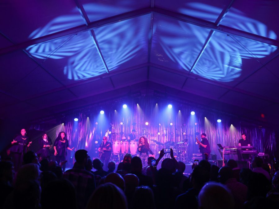 Musicians on a stage in front of a crowd lit by blue and purple lights