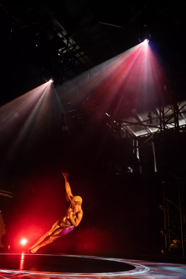 Jerron Herman, a dark-skinned Black man with blonde hair, flies through the air; cones of white and reddish light surround him in warm golden hues. He wears a shimmery gold unitard, one leg in bright purple. His body is a taut, long curve—legs stretched—as if he reaches one arm up to hold a cable and tucks the other on his chest. He swoops above the huge circle of white and red light that appears between him.