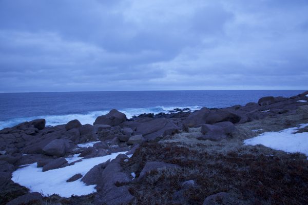A rocky coastline on a cloudy day.