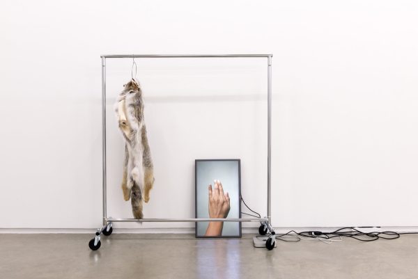A rolling clothing rack with a large pelt hanging from it and a rectangular image of a hand leaning against the white wall on the floor with a cord coming from it
