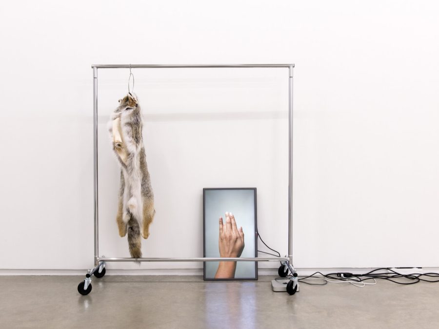 A rolling clothing rack with a large pelt hanging from it and a rectangular image of a hand leaning against the white wall on the floor with a cord coming from it