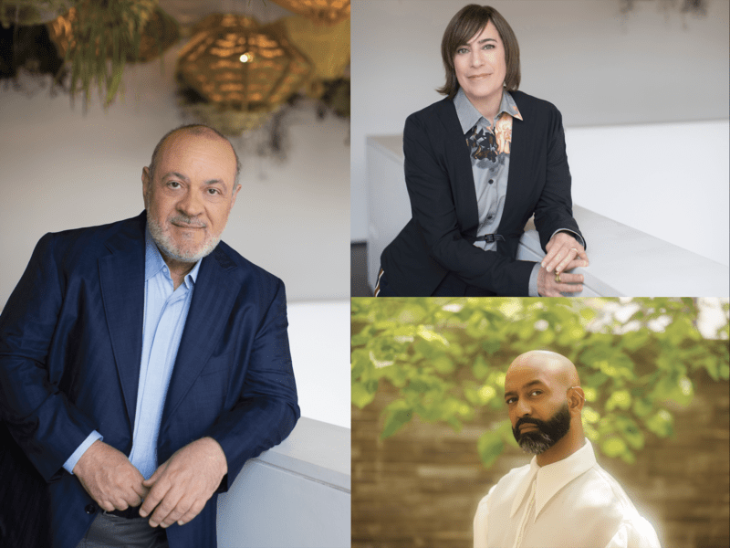 Headshot photos of Madeleine Grynsztejn, Dimitris Daskalopoulos, and Brendan Fernandes