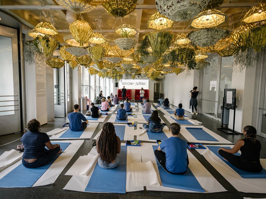A group of people with their backs to us sit on blue yoga mats in a room filled with hanging plants.