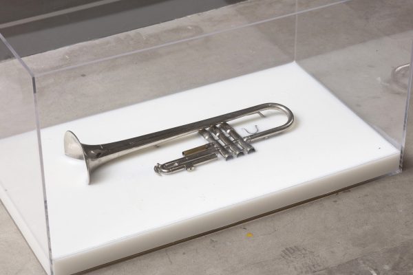 A trumpet in a clear display case is partially submerged in a white substance.