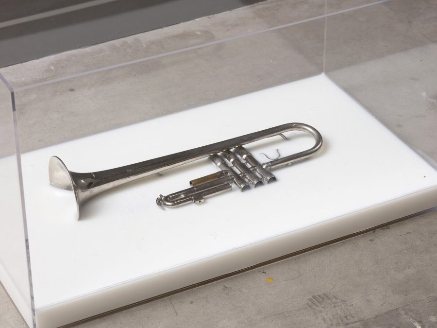 A trumpet in a clear display case is partially submerged in a white substance.