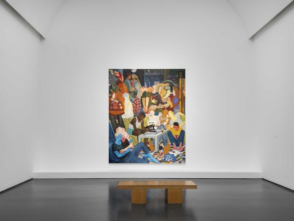 A single painting hangs in a white, arched-ceiling gallery space