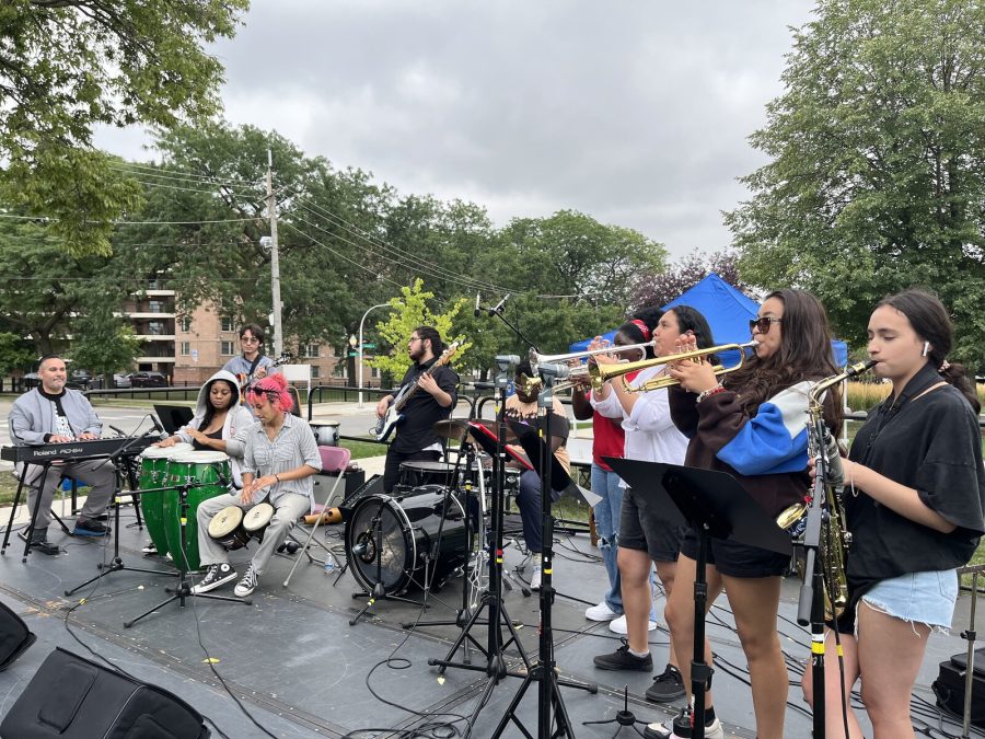 ten individuals playing music together outdoors