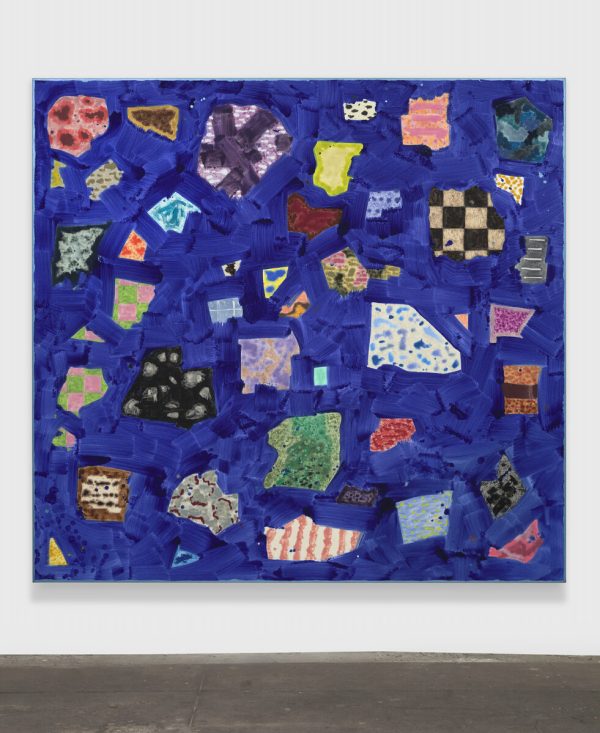 A square painting of various patterned shapes within a splotchy blue background.