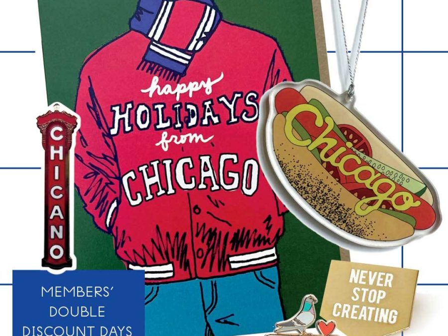 A collage of Chicago-inspired products with a callout box stating Members' Double Discount Days, Members save 20%.