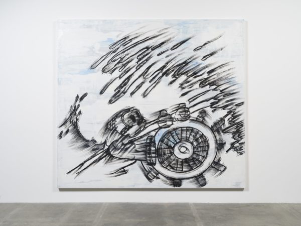 Image of an oil and cold wax illustration of Steamboat Willie in black on a white canvas.
