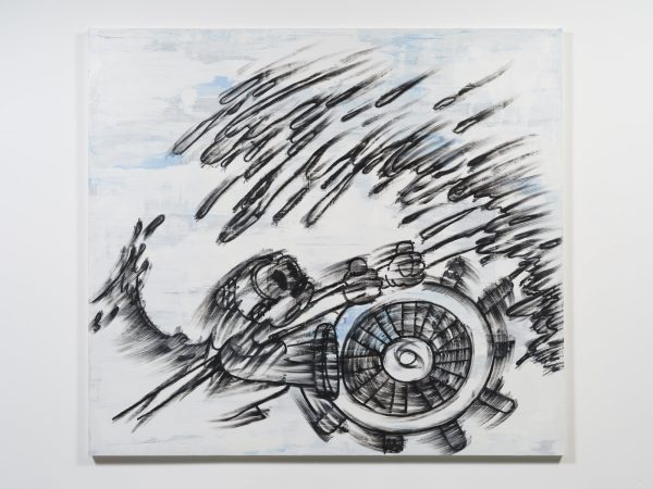 Image of an oil and cold wax illustration of Steamboat Willie in black on a white canvas.