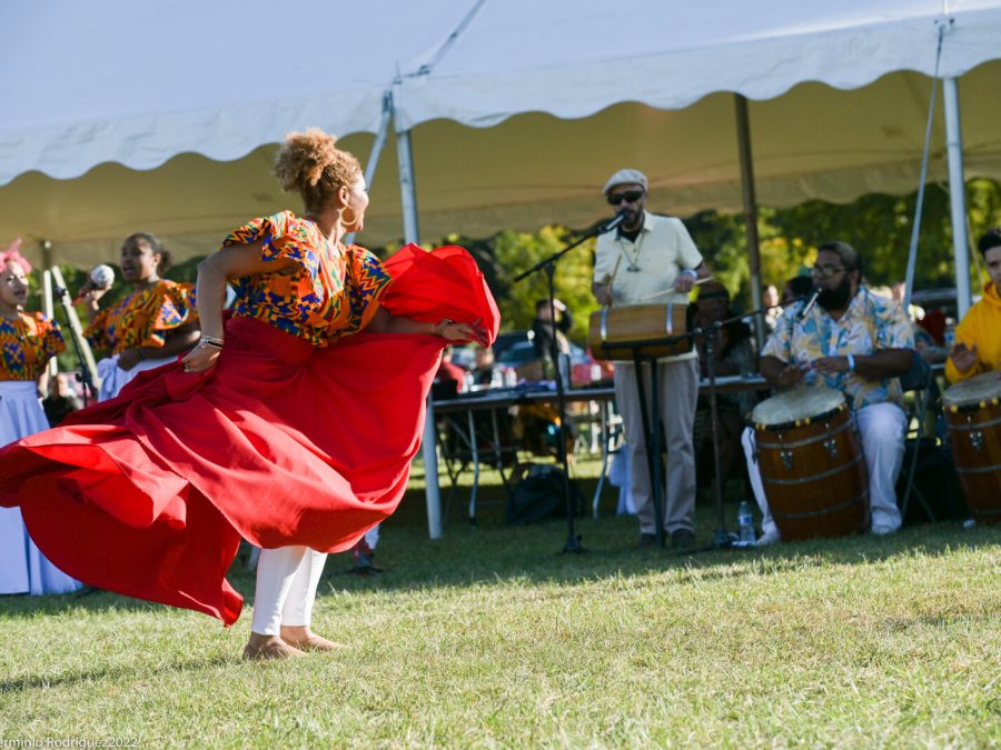 A woman wearing a bright red flamenco-style dress dances on the grass in front of a group of people playing a variety of instruments.