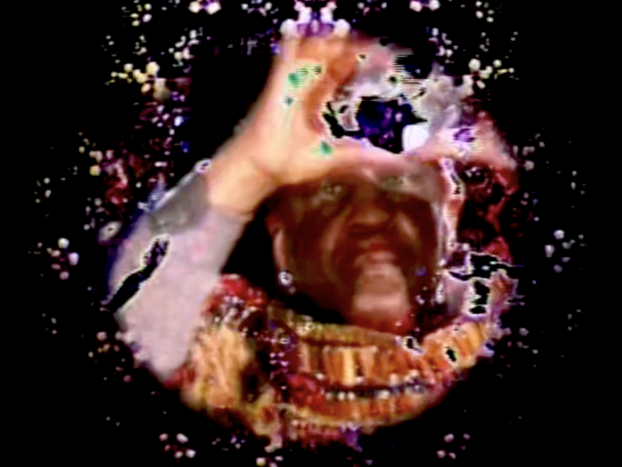 Kaleidoscopic image of a person in a circle surrounded by flowers that fade to black. Their hands are raised above their eyes, casting a shadow across their face.