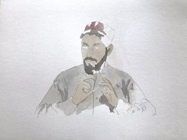 Seemingly unfinished study of a bearded man gesticulating.