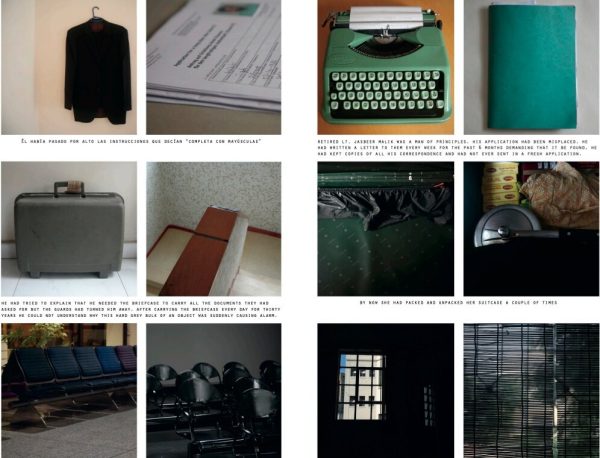 Two pages of square images arranged in three rows of two with illegible captions underneath each. The images feature everyday objects like suitcases, typewriters, paper, and chairs.