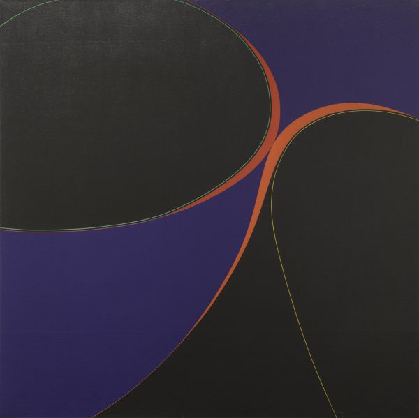 A very dark square painting of two purple cylinders close-up highlighted in pink.