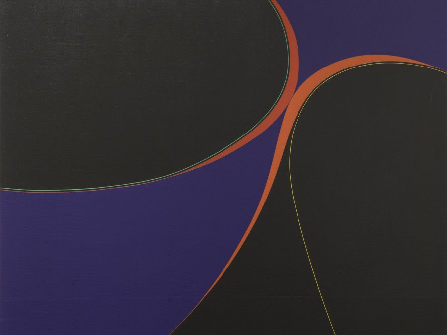 A very dark square painting of two purple cylinders close-up highlighted in pink.