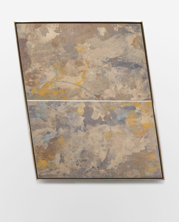 A painting in a vertical parallelogram frame