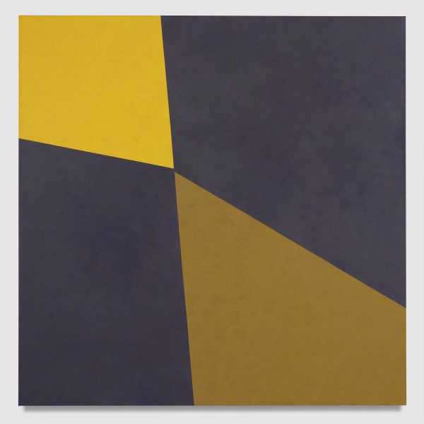 A square painting divided up in angular sections of yellow and grey in a way that makes it look like a three dimensional pyramid