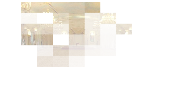 Rectangles of varying levels of visibility reveal an incomplete image of a large, chandeliered room against a white background