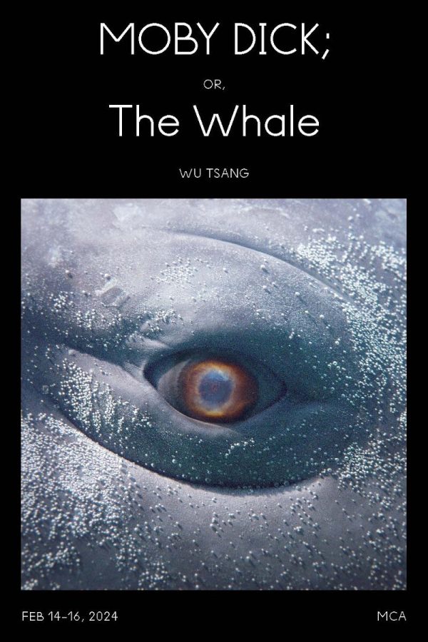 A closeup of a whale eye below white text on black reading Moby Dick or The Whale Wu Tsang