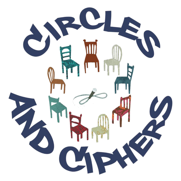 Drawing of chairs of various shapes and colors encircle a microphone. Words curved around the chairs read 