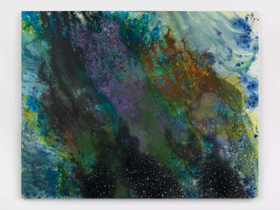 A range of aquatic blues to deep purples combine in swirls and patterns