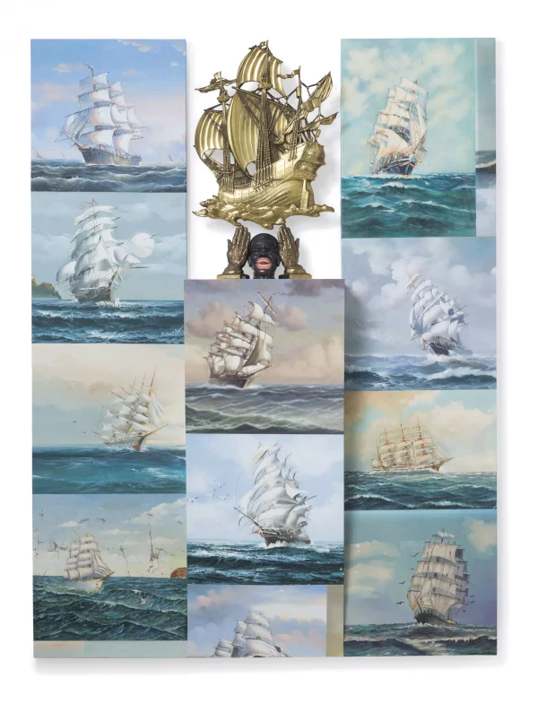 Mixed media including oil paintings, ceramic container, cast hands, and plastic ship