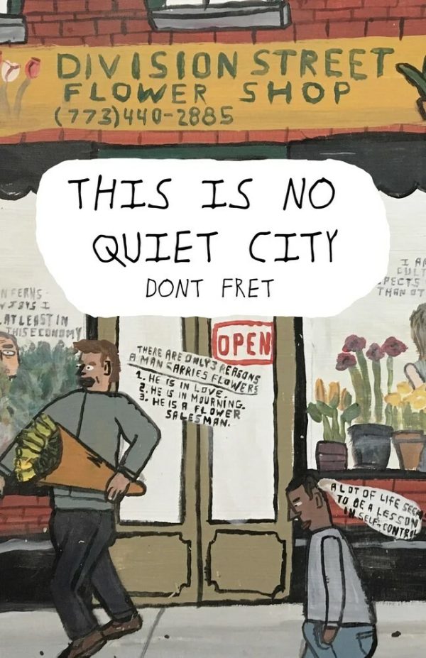 Book cover featuring illustration of Division Street Flower Shop with two people in front of it and handwritten commentary near their heads.