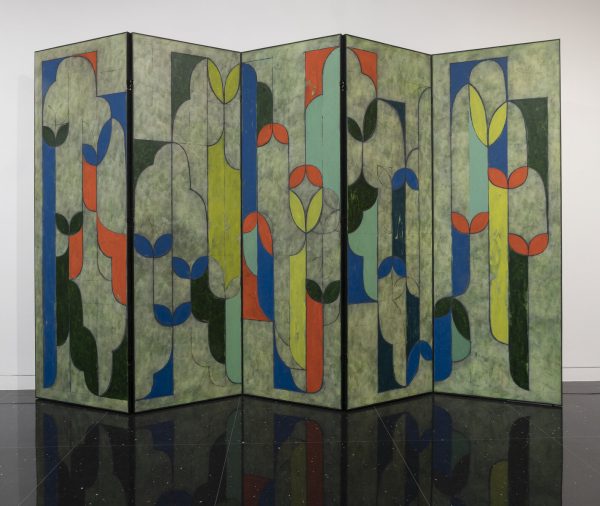 Green 5-panel privacy screen with painted geometric floral shapes in orange, yellow, blue, and dark greens.