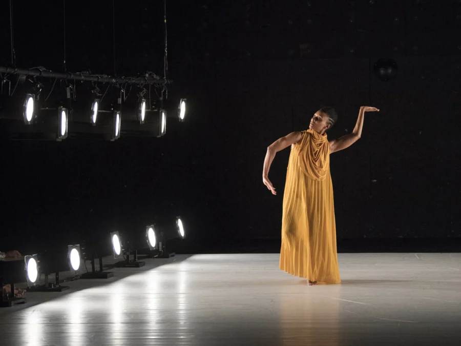 A dancer on a stage dressed in marigold yellow poses with their left arm raised into an S shape; their right arm in a C shape with their hand pointed to their hip.