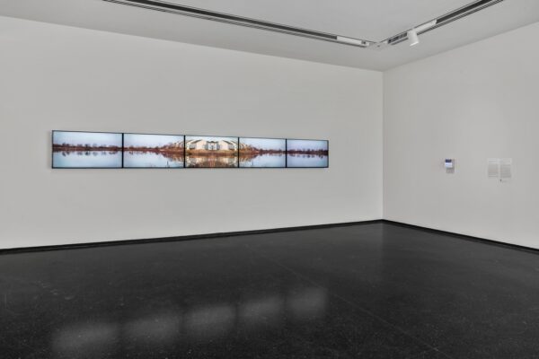 Five video screens displayed side by side in a horizontal line displaying a mirrored image