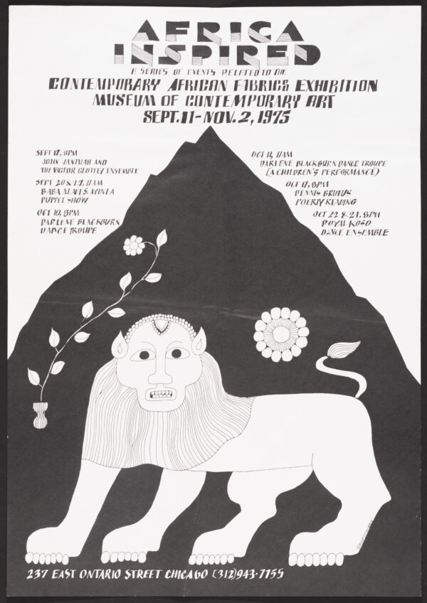 An illustration of a lion in front of a mountain peak takes up the majority of a piece of paper with crease marks highlighting Africa Inspired with dates, times, and location listed