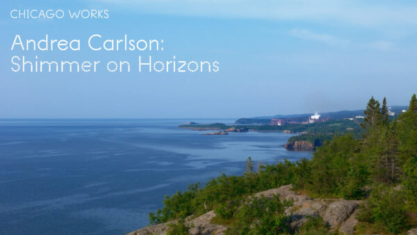On top of an image of a rocky shoreline filled with trees are the words Chicago Works Andrea Carlson Shimmer on Horizons