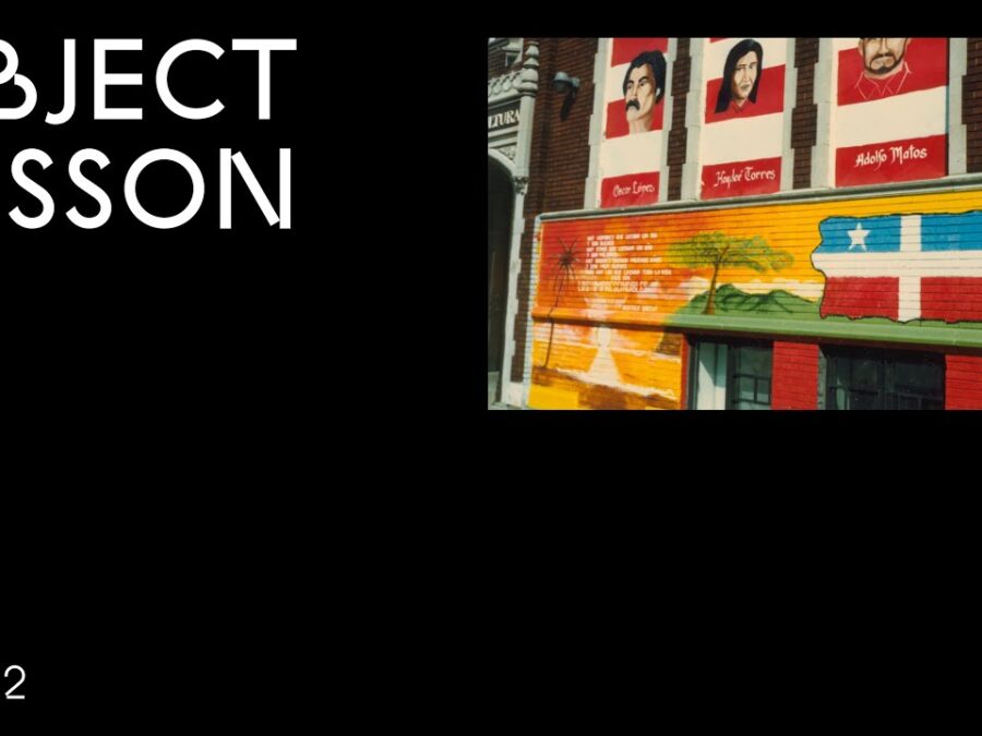 A black rectangle with the words Object Lesson in the upper left hand corner and OL 012 in the bottom left hand corner accompanied by a colorful image of portrait illustrations in the upper right hand corner