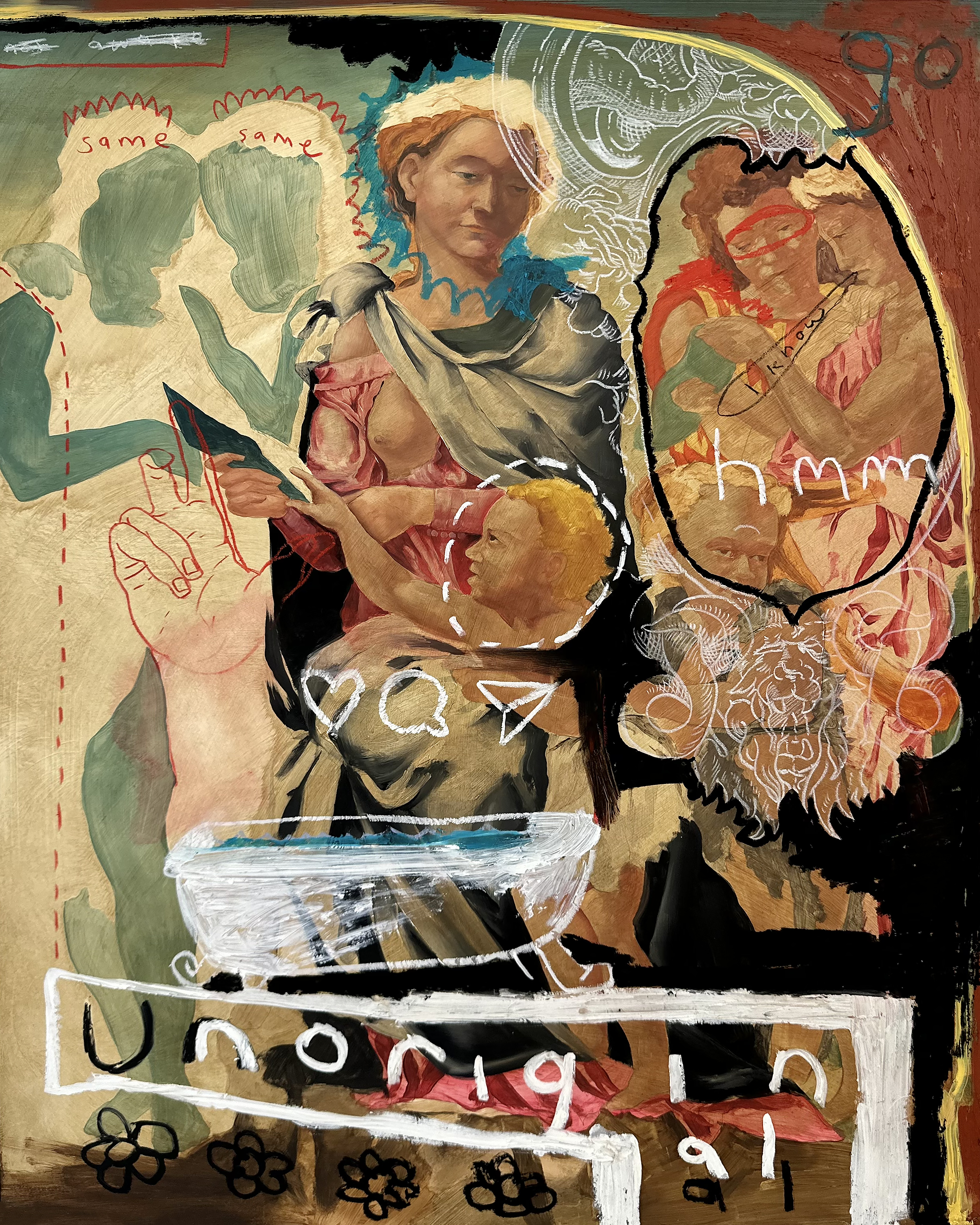 A Madonna lactans artwork that has been painted on. Key additions include a small bathtub at her feet and the word Unoriginal at the base of the work in a text block