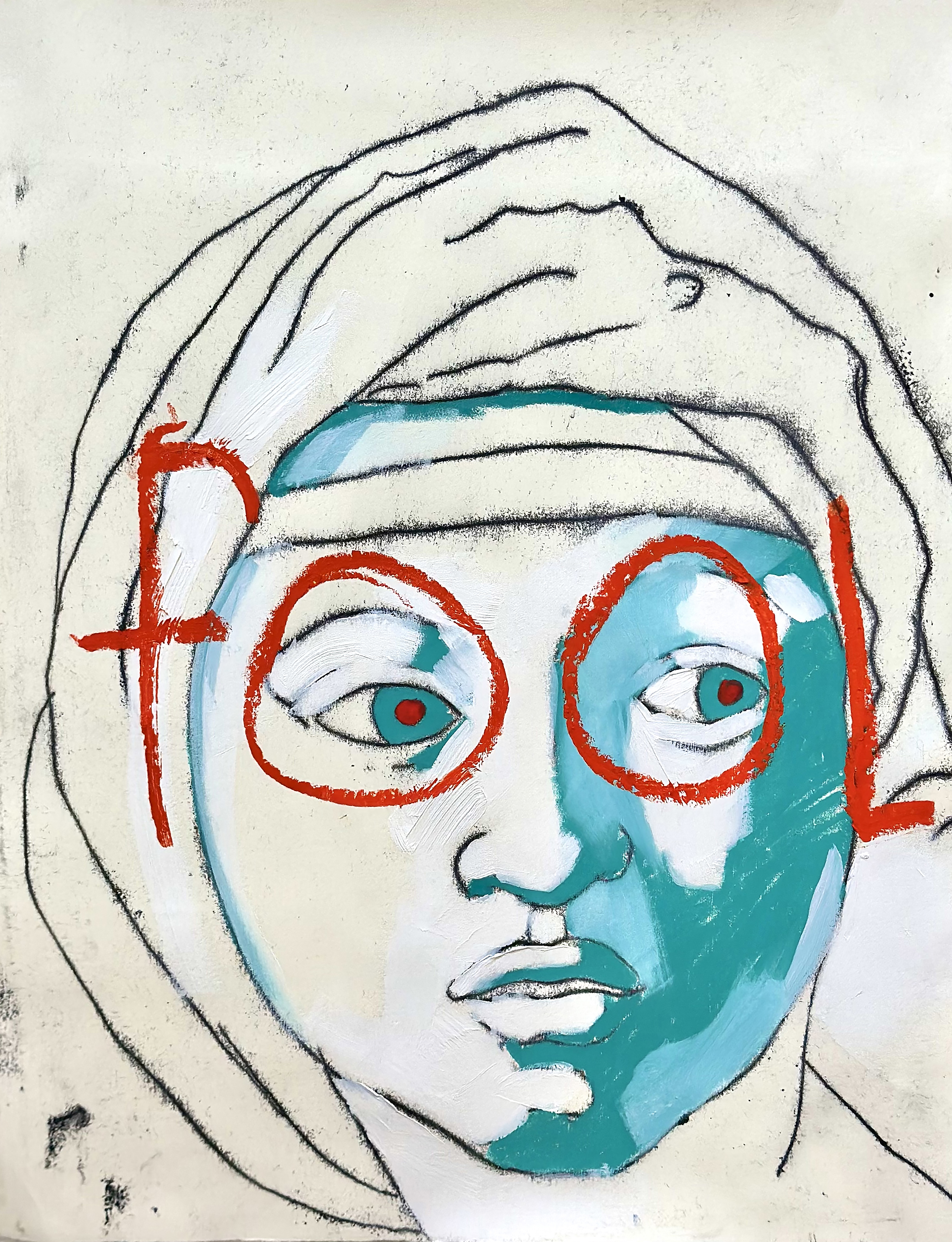 A line drawing of a person with a headscarf. Their face is shaded in blue and the word Fool is written in red over them so that the two Ohs encircle the eyes