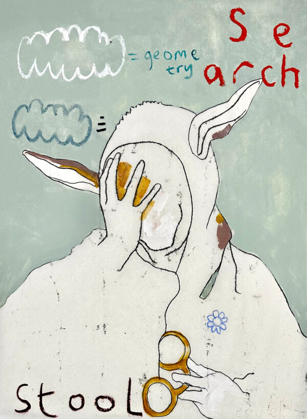 A line drawing of a person wearing a hood with ears covering their face with their right hand. Letters appear in red, blue, and brown, including the word Stool