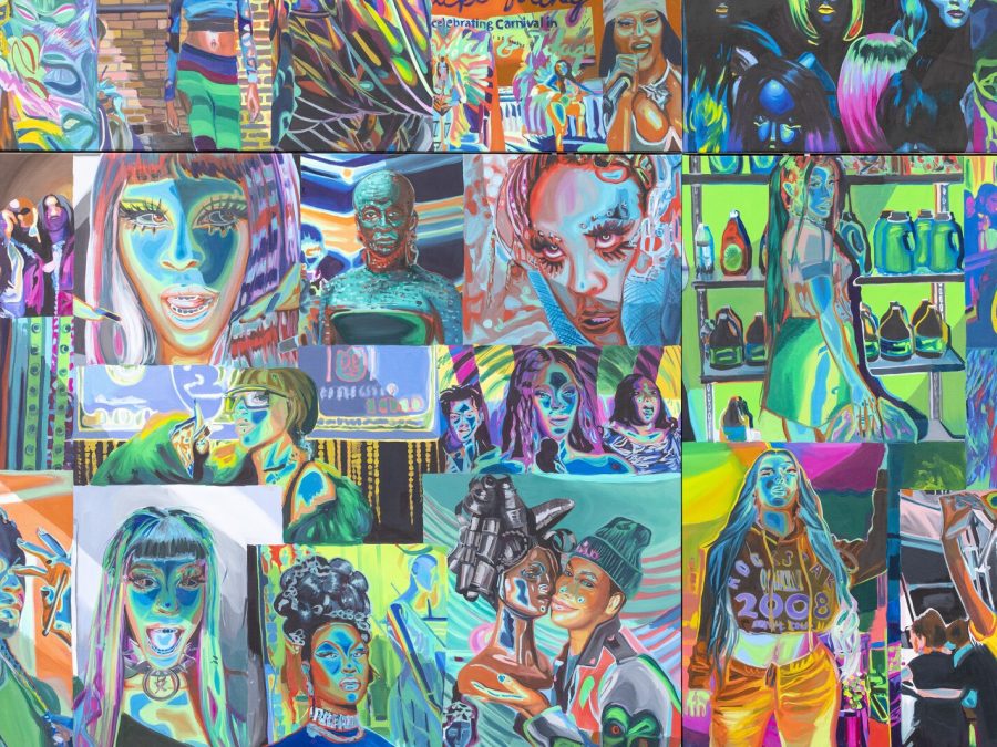 A painted mashup of small vignettes of female presenting people mostly in teals and pinks.