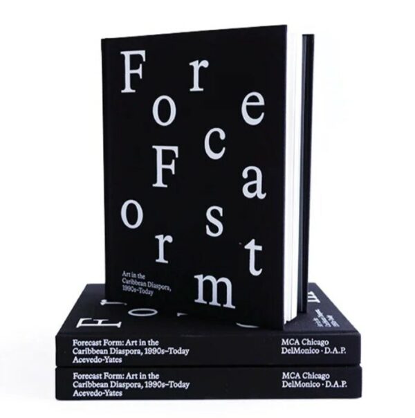 A black book stands atop two other books. The cover reads Forecast Form.