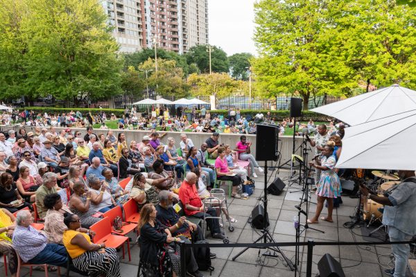 A crowd of people watching a music performance outdoors.