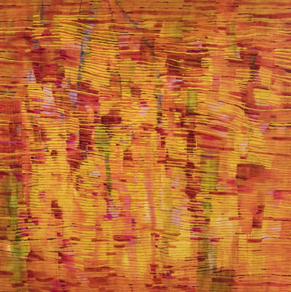 Orange, yellow, and red painting with visible, horizontal brushstrokes.