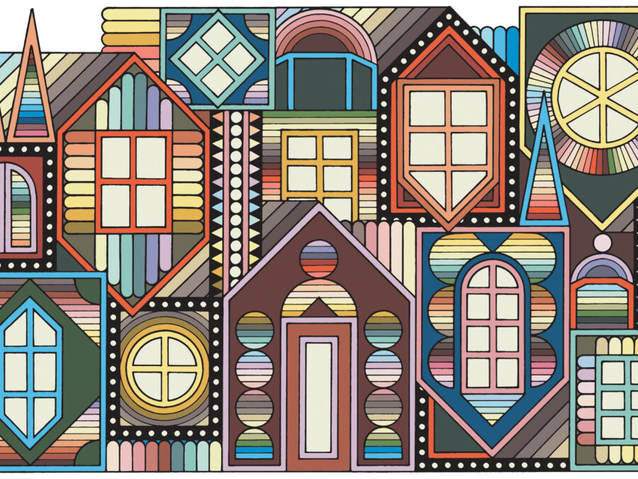 A series of stylized, colorful windows